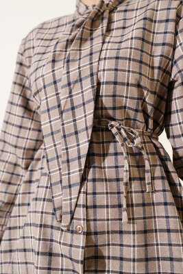 Kravatlı Ekoseli Gömlek Bej - Gömlek