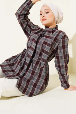 Kravatlı Ekoseli Gömlek Füme - VAV TEKSTİL