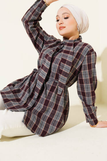 Kravatlı Ekoseli Gömlek Füme - Gömlek