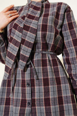 Kravatlı Ekoseli Gömlek Füme - Gömlek