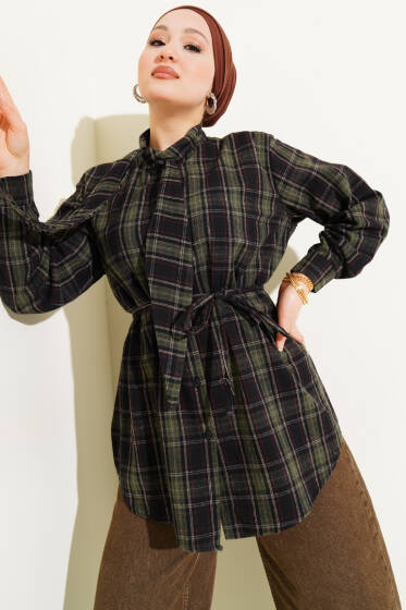 Kravatlı Ekoseli Gömlek Haki - Gömlek