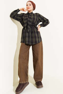 Kravatlı Ekoseli Gömlek Haki - Gömlek