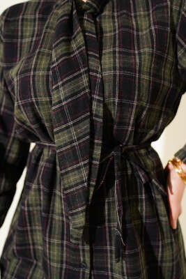 Kravatlı Ekoseli Gömlek Haki - Gömlek