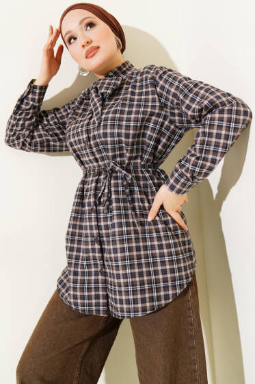 Kravatlı Ekoseli Gömlek Kahve - Gömlek