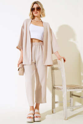 Krep Kimono İkili Takım Bej - Kadın Giyim Modelleri