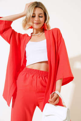 Krep Kimono İkili Takım Nar Çiçeği - Kadın Giyim Modelleri