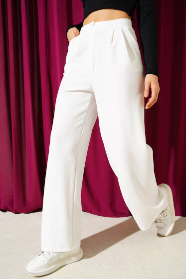Krep Kumaş Geniş Pantolon Beyaz - Kadın Giyim Modelleri