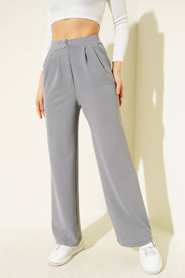 Krep Kumaş Geniş Pantolon Gri - Kadın Giyim Modelleri
