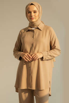 Krinkıl Görünümlü Düğmeli Takım Bej - İkili Takım