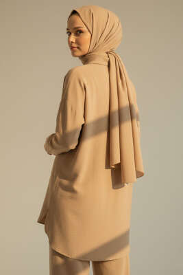 Krinkıl Görünümlü Düğmeli Takım Bej - İkili Takım