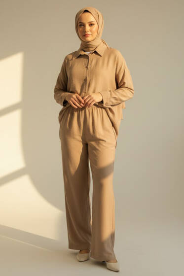 Krinkıl Görünümlü Düğmeli Takım Bej - İkili Takım