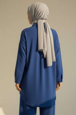 Krinkıl Görünümlü Düğmeli Takım İndigo - İkili Takım