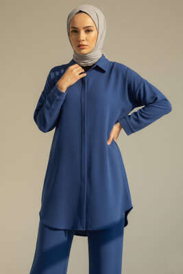 Krinkıl Görünümlü Düğmeli Takım İndigo - İkili Takım