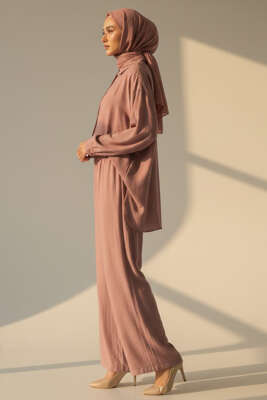 Krinkıl Görünümlü Düğmeli Takım Pudra - İkili Takım