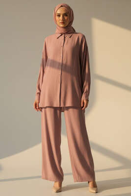 Krinkıl Görünümlü Düğmeli Takım Pudra - İkili Takım