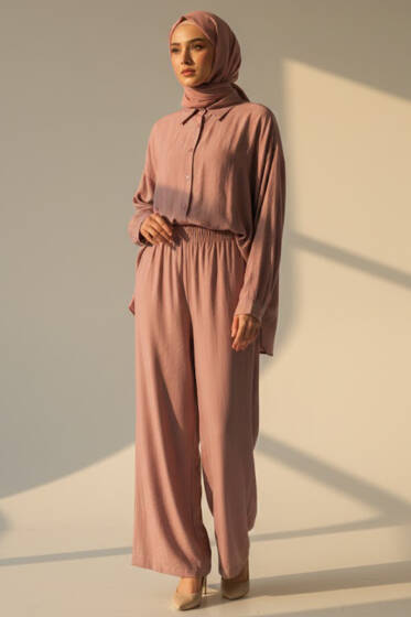 Krinkıl Görünümlü Düğmeli Takım Pudra - İkili Takım