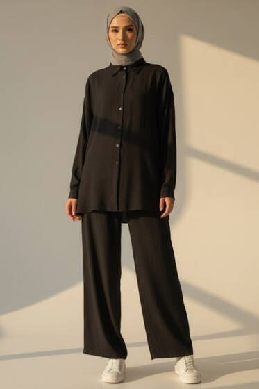 Krinkıl Görünümlü Düğmeli Takım Siyah - İkili Takım