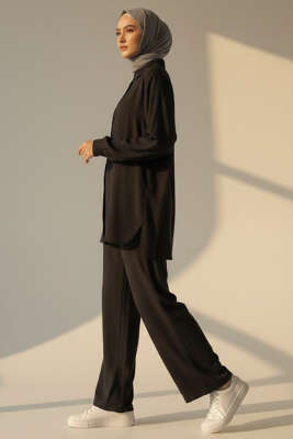 Krinkıl Görünümlü Düğmeli Takım Siyah - İkili Takım