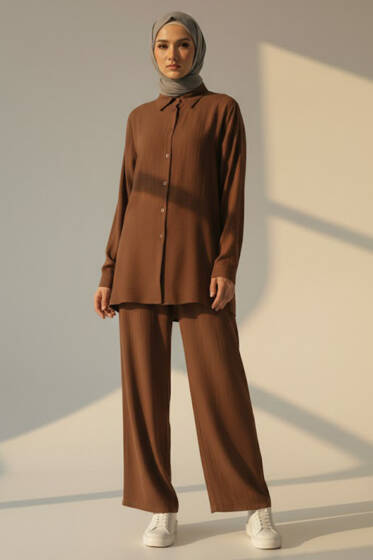 Krinkıl Görünümlü Düğmeli Takım Taba - İkili Takım