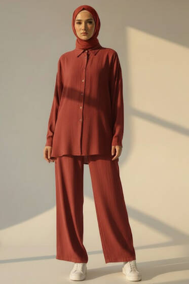 Krinkıl Görünümlü Düğmeli Takım Tarçın - İkili Takım