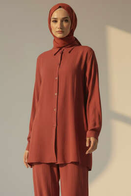 Krinkıl Görünümlü Düğmeli Takım Tarçın - İkili Takım