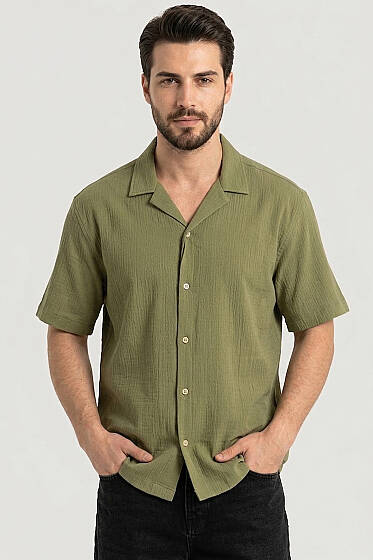 Krinkıl Oversize Erkek Gömlek Haki - Yılın Fırsatı