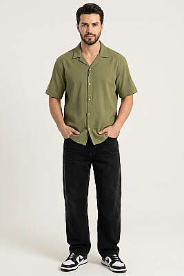 Krinkıl Oversize Erkek Gömlek Haki - Yılın Fırsatı