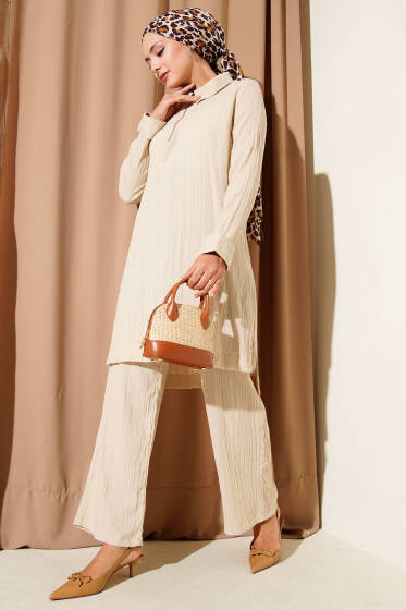 Krinkıl Yarım Fermuarlı İkili Takım Bej - İkili Takım