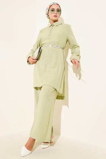 Krinkıl Yarım Fermuarlı İkili Takım Fıstık Yeşili - İkili Takım