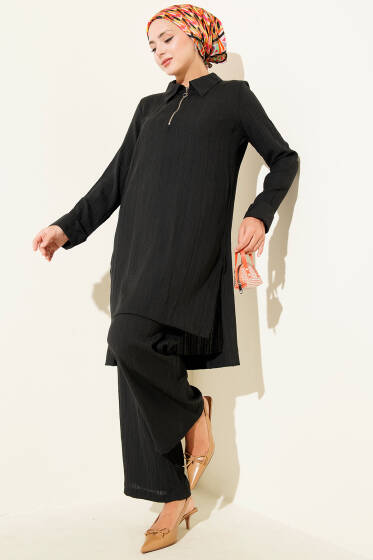 Krinkıl Yarım Fermuarlı İkili Takım Siyah - İkili Takım