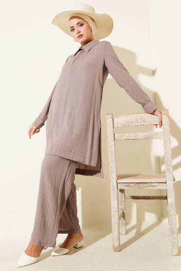 Krinkıl Yarım Fermuarlı İkili Takım Vizon - İkili Takım