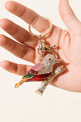 Kristal Detaylı Kuş Figürlü Anahtarlık Kırmızı - DEMİR BİJUTERİ