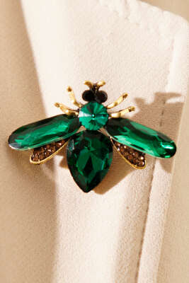 Kristal Taşlı Arı Figürlü Gold Broş Zümrüt - Broş