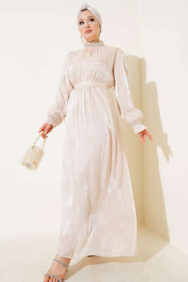 Kristal Taşlı Şifon Elbise Bej 