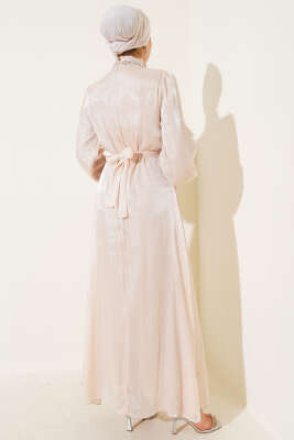 Kristal Taşlı Şifon Elbise Bej - Tesettür Elbise