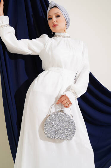 Kristal Taşlı Şifon Elbise Beyaz - Elbise