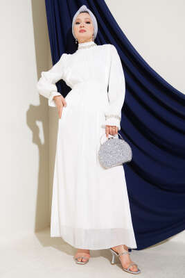 Kristal Taşlı Şifon Elbise Beyaz - Tesettür Elbise