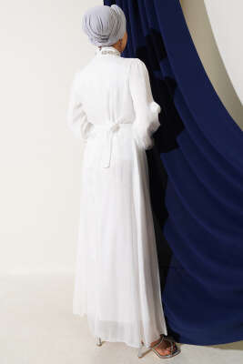 Kristal Taşlı Şifon Elbise Beyaz - Tesettür Elbise