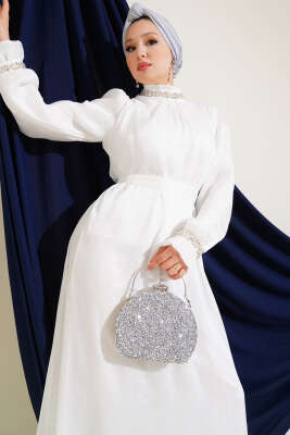 Kristal Taşlı Şifon Elbise Beyaz - 