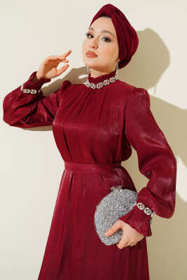 Kristal Taşlı Şifon Elbise Bordo - Elbise