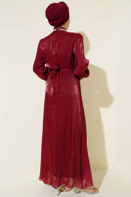 Kristal Taşlı Şifon Elbise Bordo - Elbise