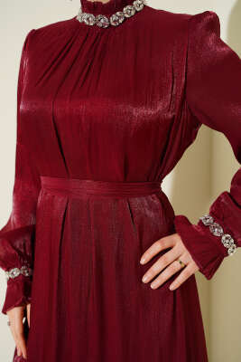 Kristal Taşlı Şifon Elbise Bordo - Elbise