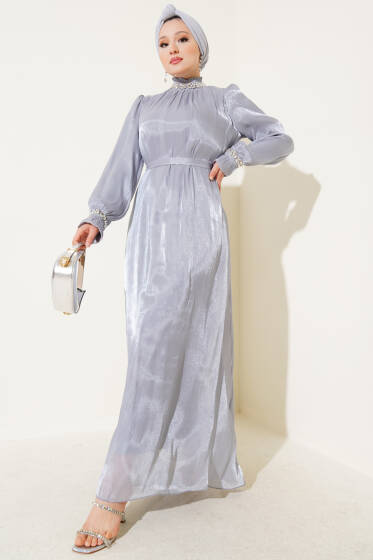 Kristal Taşlı Şifon Elbise Gri - Elbise