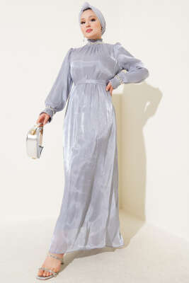 Kristal Taşlı Şifon Elbise Gri - Tesettür Elbise