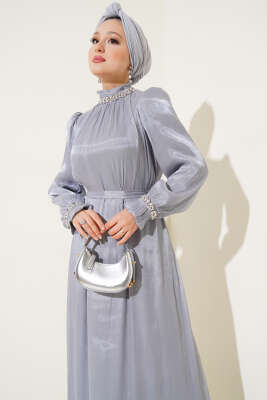 Kristal Taşlı Şifon Elbise Gri - Tesettür Elbise