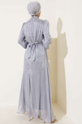 Kristal Taşlı Şifon Elbise Gri - Tesettür Elbise