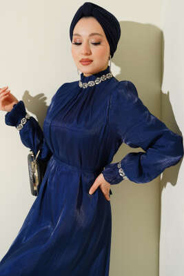 Kristal Taşlı Şifon Elbise Lacivert 