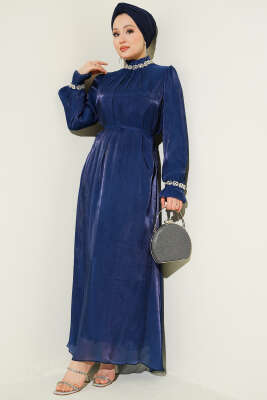 Kristal Taşlı Şifon Elbise Lacivert - Elbise