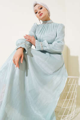 Kristal Taşlı Şifon Elbise Mint - Tesettür Elbise