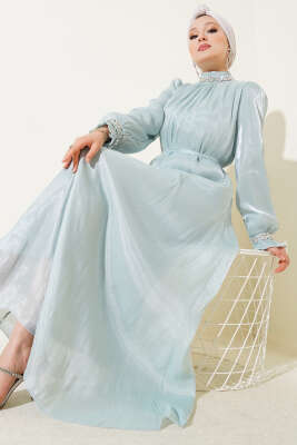 Kristal Taşlı Şifon Elbise Mint